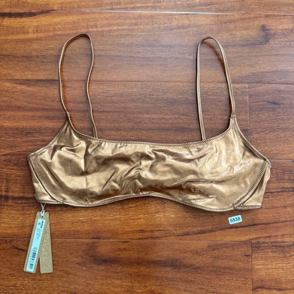 SKIMS Metallic Swim Micro Scoop Bikini Top Penny Gold Brown Sz Large NWT